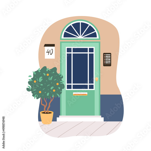 Green door to house with tree on sidewalk vector illustration. Cartoon elegant entrance to building with glass window and architectural arch, doorknob isolated on white. Home apartment concept