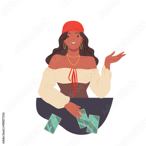 Gypsy woman reading tarot cards vector illustration. Cartoon beautiful girl fortuneteller sitting at table to predict destiny, seer telling prophecy isolated on white. Mystery, fortune concept