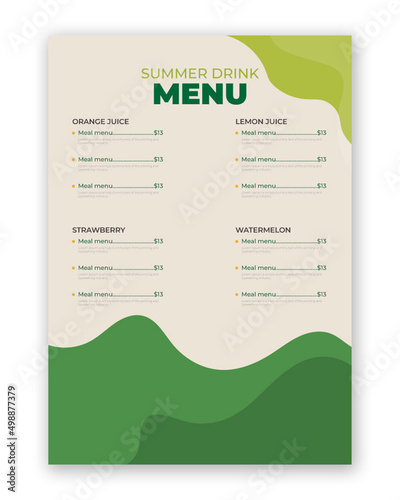 Summer drink menu a4 flyer green template. Restaurant cafe menu template design poster, flyer, cover, menu, 