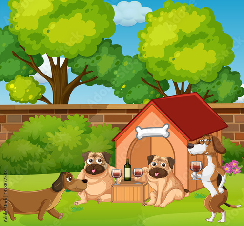 Many dogs playing in the park