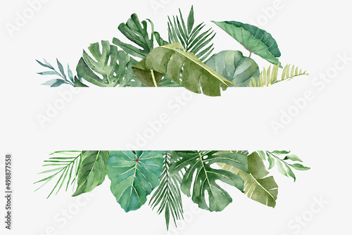 Watercolor Frame with Beautiful Tropical Exotic Leaves