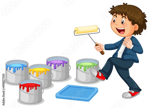 Little boy with buckets of paints