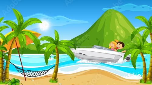 Ocean scenery with kids on speedboat