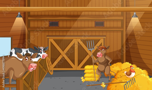 Stable scene with cows and chicken inside