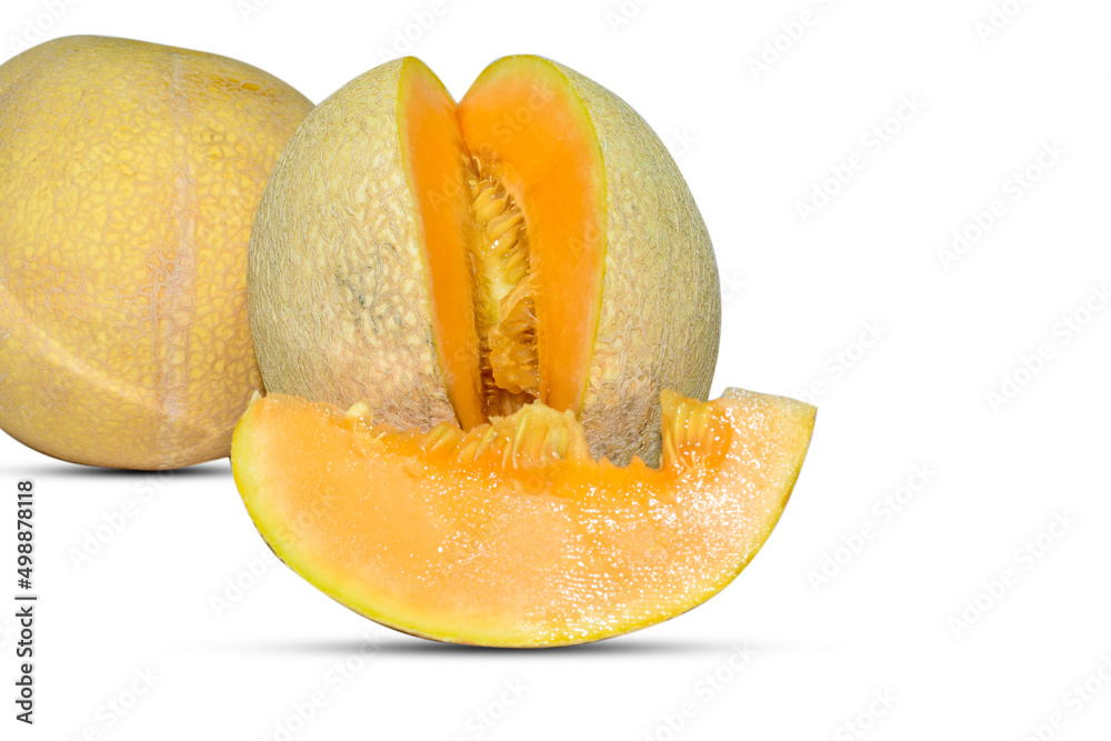 Muskmelon fruit slice cuts isolated on white background.