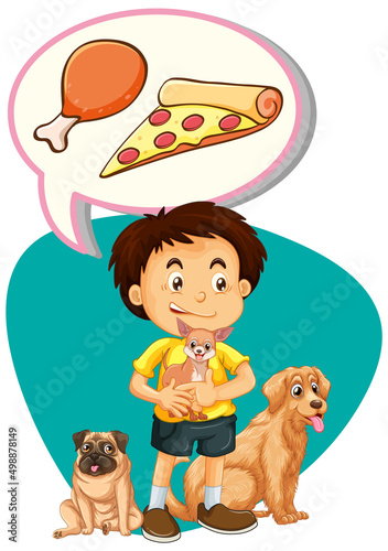 Boy with dogs thinking of food