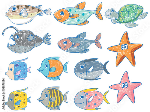 A paper with a doodle design of the different sea creatures with colour