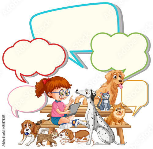 Girl with speech bubbles and many dogs