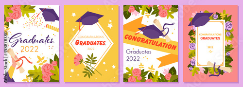 Set of celebrating graduation postcards. Student graduate school ceremony, bachelor degree diploma, academic hat, finish of university studies cartoon vector illustration