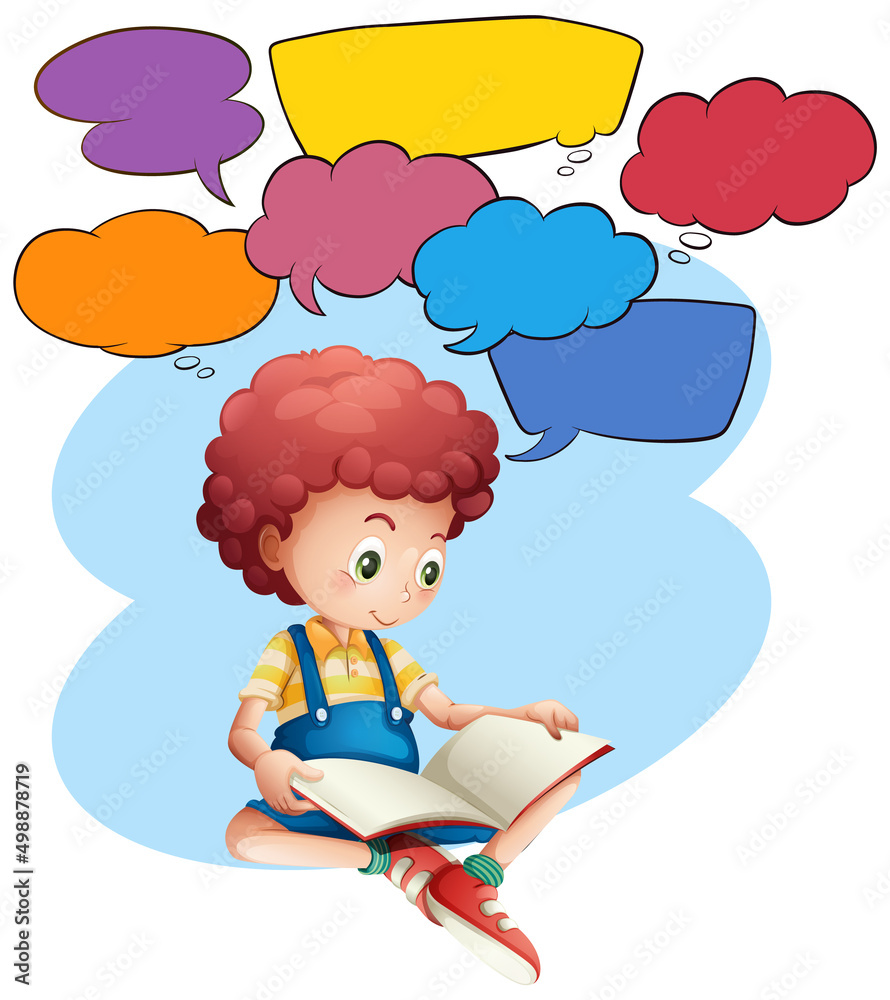 Speech bubble template with boy reading book