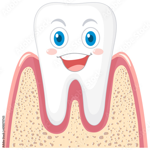 Happy strong tooth in gum on white background