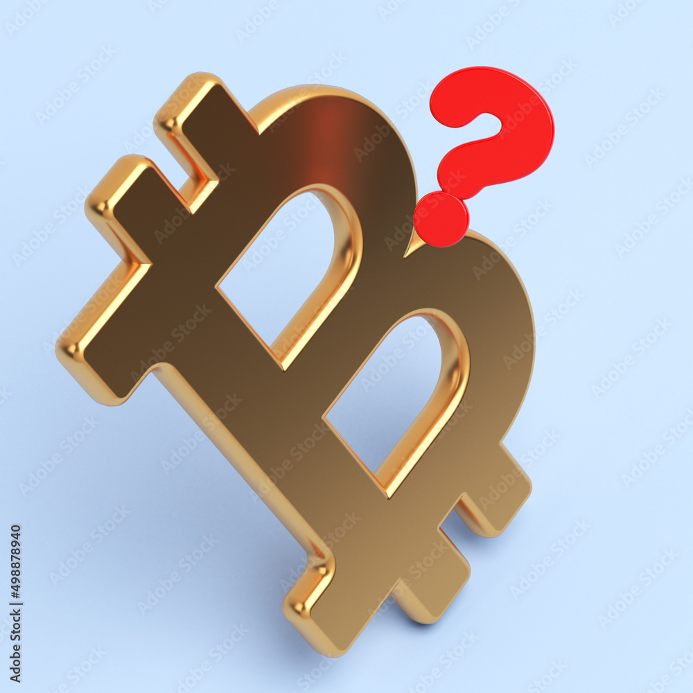 Golden Bitcoin symbol and red-colored question mark. On light blue-colored background. Square composition with copy space. Isolated with clipping path. Golden Bitcoin symbol and red-colored question mark. On light blue-colored background. Square composition with copy space. Isolated with clipping path.