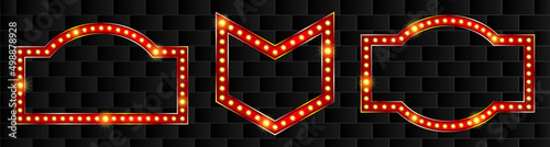 Red marquee signboard and badge frames with neon glow. Bright circus graphic sign for entertainment or promotion material