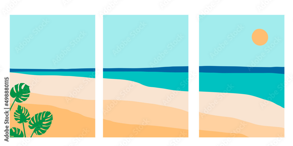 Collection of modern minimalistic simple abstract landscapes: sandy beach, sea, monstera leaves and sun on the horizon
