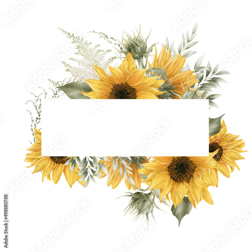 Floral frame with sunfloers and foliage, can be used as invitation card for wedding, birthday and other holiday and  summer background. Botanical art. Watercolor