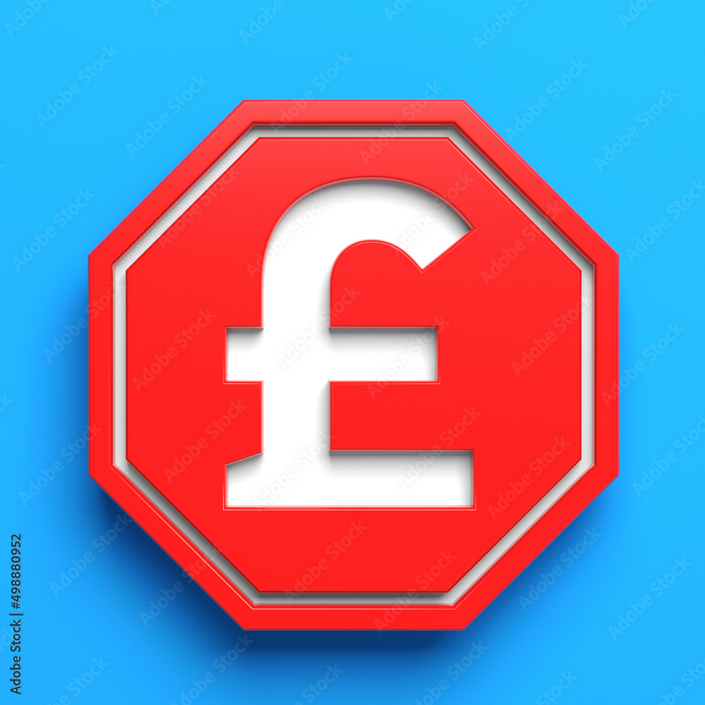 Obraz premium White-colored Pound Symbol and red-colored stop sign. On blue-colored background. Square composition with copy space. Isolated with clipping path.