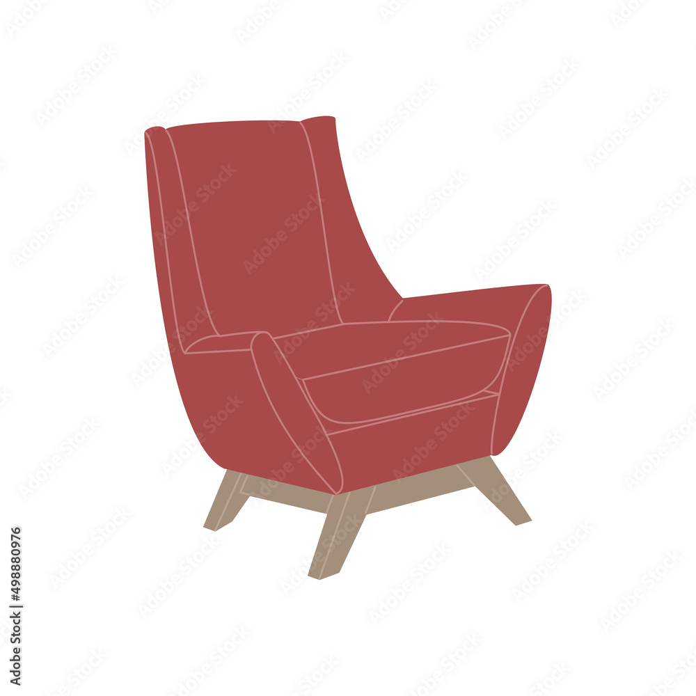 Red comfortable lounge armchair in scandinavian style. Stylish design element for cozy home decoration. Hand drawn vector illustration isolated on white background. Modern flat cartoon style.