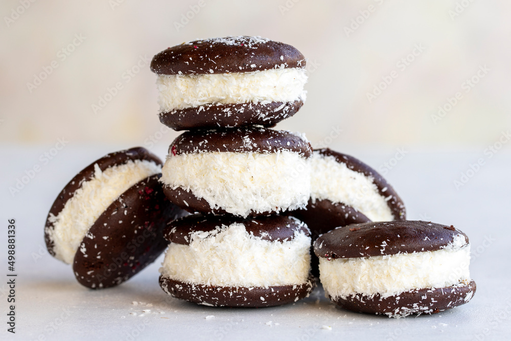 Chocolate biscuit with milk filling. Cake with milk filling on a white background. Chocolate-milk kids dessert. Bakery products. Close-up. local name sut dilimi Chocolate biscuit with milk filling. Cake with milk filling on a white background. Chocolate-milk kids dessert. Bakery products. Close-up. local name sut dilimi