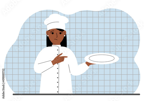 Sad cook in a cap holds an empty plate in his palm. Vector