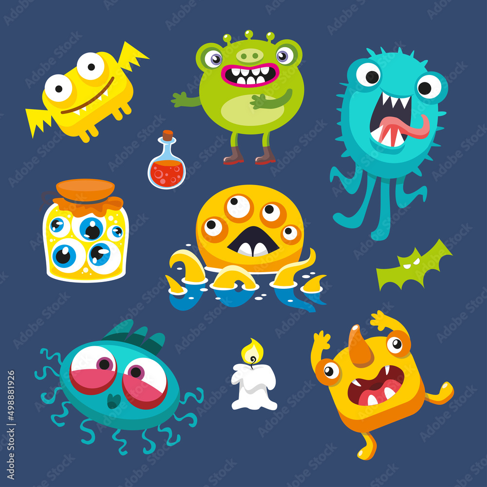 Set of monsters with elements. Cartoon funny isolated characters. Icons for design of postcards, posters, books. Vector illustration. Set of monsters with elements. Cartoon funny isolated characters. Icons for design of postcards, posters, books. Vector illustration.