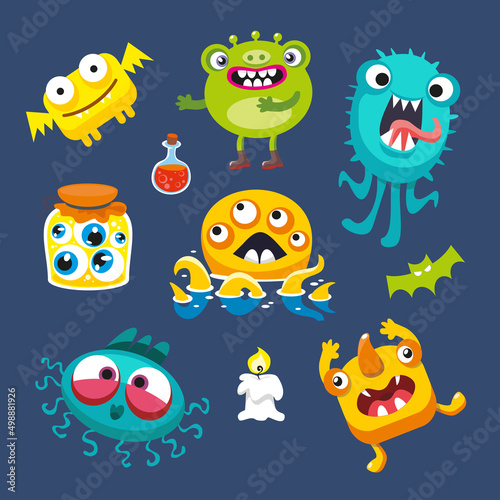 Set of monsters with elements. Cartoon funny isolated characters. Icons for design of postcards  posters  books. Vector illustration.