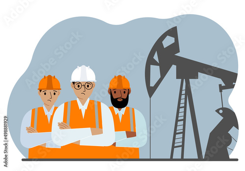 Oil refinery engineer. A male worker in front of a pumping unit for oil extraction, oil drilling and well repair.