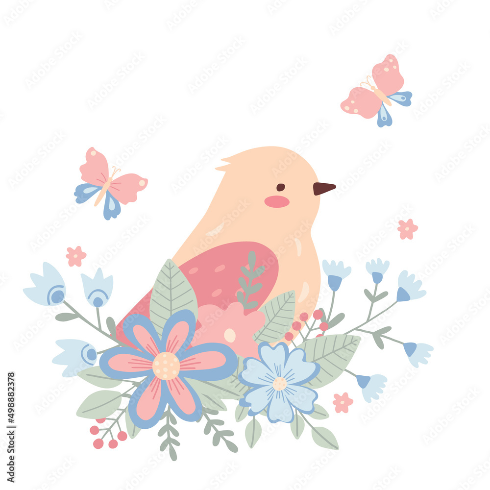 Cute pink birdie in flowers. Childish little bird for design and kids print. Simple vector illustration.