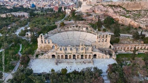 ancient amphitheater in Athens at sunrise, Greece tourism, unesco heritage in Greece, aerial view f Greek landmark, monument of Ancient Greek civilisation,  photo