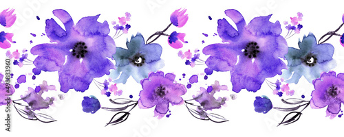 Fototapeta Naklejka Na Ścianę i Meble -  Horizontal Seamless Watercolor Floral Border. High quality illustration