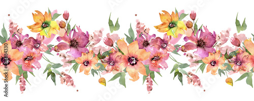 Horizontal Seamless Watercolor Floral Border. High quality illustration
