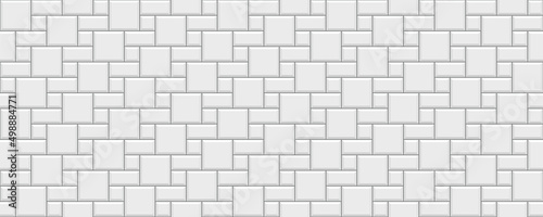 Seamless slab pavement pattern. Cobblestone masonry texture. Paver tile. Decorative sidewalk. Stone surface. Mosaic outdoor background. Paved floor. Cement brick backdrop. Vector illustration