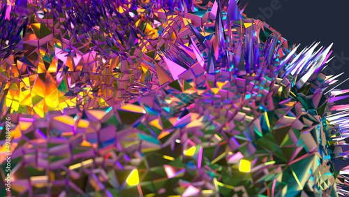 3D  render of sharp edged abstract surreal crystal shape environment with colorful and psychedelic colors and triangles 