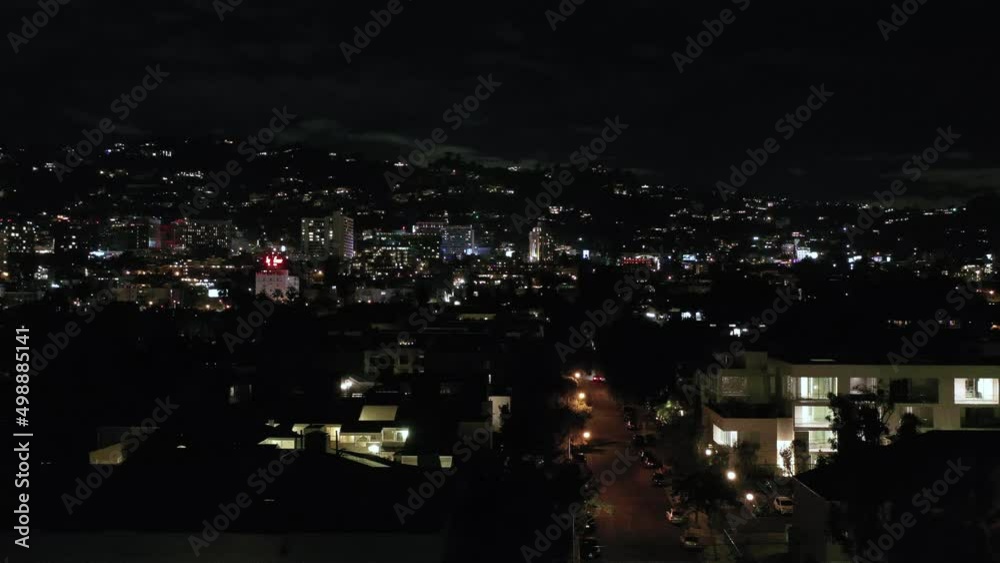Dark neighborhood in West Hollywood, Los Angeles at night. California, USA. Aerial Dark neighborhood in West Hollywood, Los Angeles at night. California, USA. Aerial