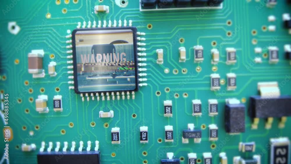Glitching computer Virus skull warning on a rotating motherboard chip - 3D render Glitching computer Virus skull warning on a rotating motherboard chip - 3D render