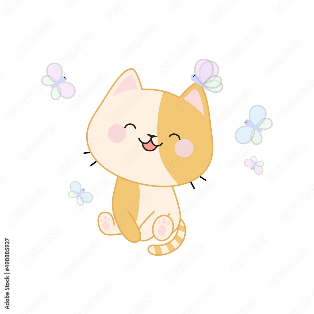 A cute happy kitten with butterflies flying above and one sitting on her ear. A cute happy kitten with butterflies flying above and one sitting on her ear.