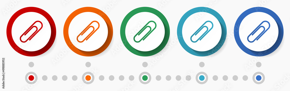 Paperclip, attach concept vector icon set, flat design colorful buttons, infographic template in 5 color options Paperclip, attach concept vector icon set, flat design colorful buttons, infographic template in 5 color options