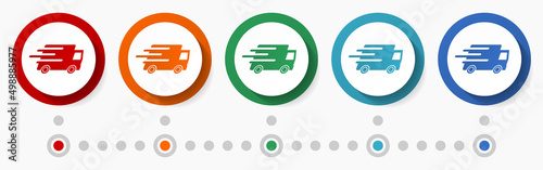 Fast delivery concept vector icon set, infographic template, flat design colorful web buttons in 5 color options