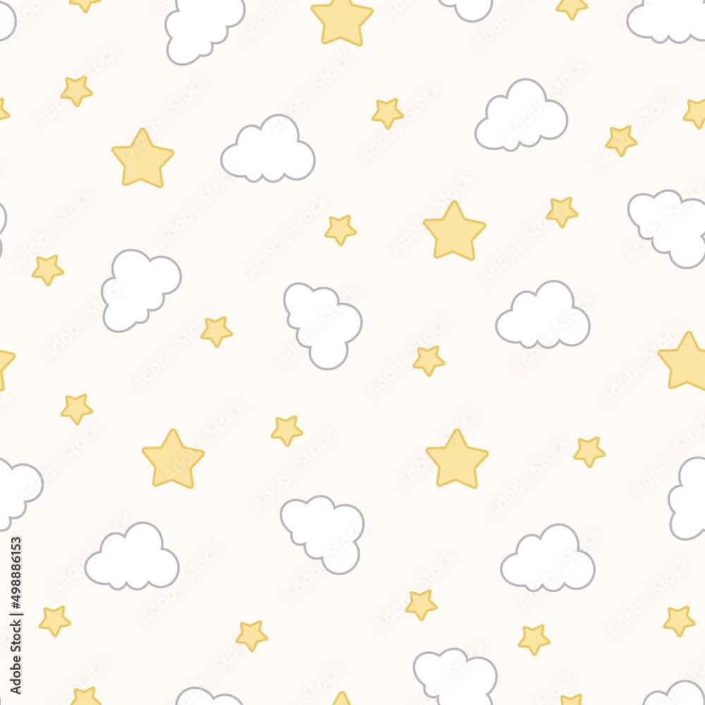 Seamless pattern of white clouds and yellow stars on a pink background.