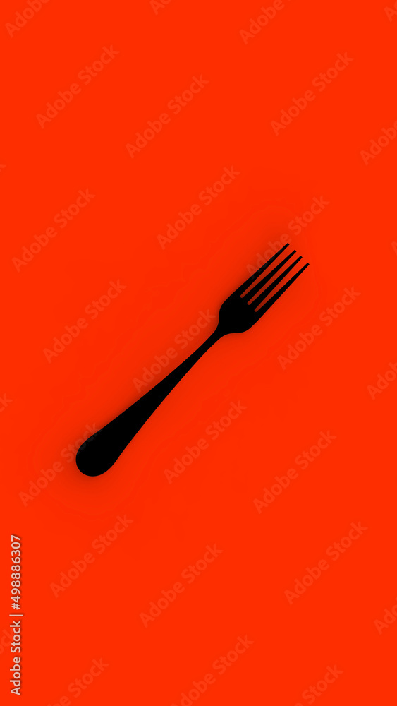 Fork is black on red background. Isolated object. Vertical image. 3D image. 3D rendering. Fork is black on red background. Isolated object. Vertical image. 3D image. 3D rendering.