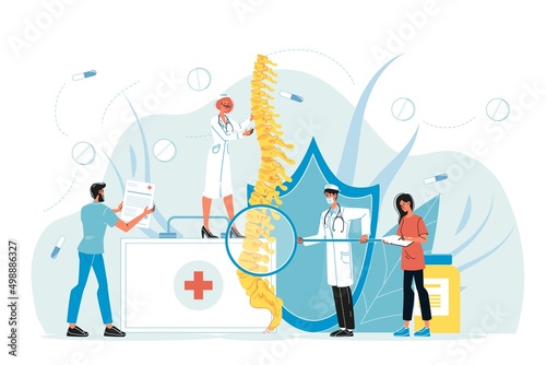 Tiny doctor treating giant back spine vector. Chiropractor and surgeon team, backbone care and rehabilitation. Scoliosis, osteoporosis, backache treatment