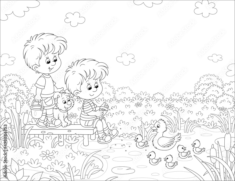 Happy little boys with a merry pup feeding small ducklings and a white duck swimming on a pretty lake in countryside on a warm summer day, black and white outline vector cartoon illustration Happy little boys with a merry pup feeding small ducklings and a white duck swimming on a pretty lake in countryside on a warm summer day, black and white outline vector cartoon illustration