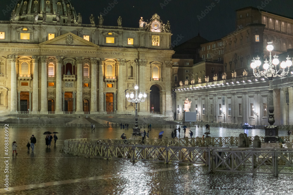 St. Peter's Basilica for the holidays on a rainy evening, Italy