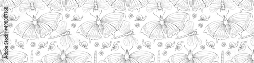 Vector seamless pattern of butterflies, dragonflies, snails and flowers. Doodle style, thin black outline. Flower meadow. Cute texture on theme of nature, spring, summer, children print