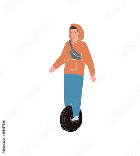 Vector flat cartoon man character ride mono wheel-outdoor activities and leisure,healthy sporty lifestyle scene social concept,web site ad banner design