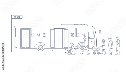 Passengers entering the bus at the bus stop. Road trip and people concept . Vector illustration in line art style