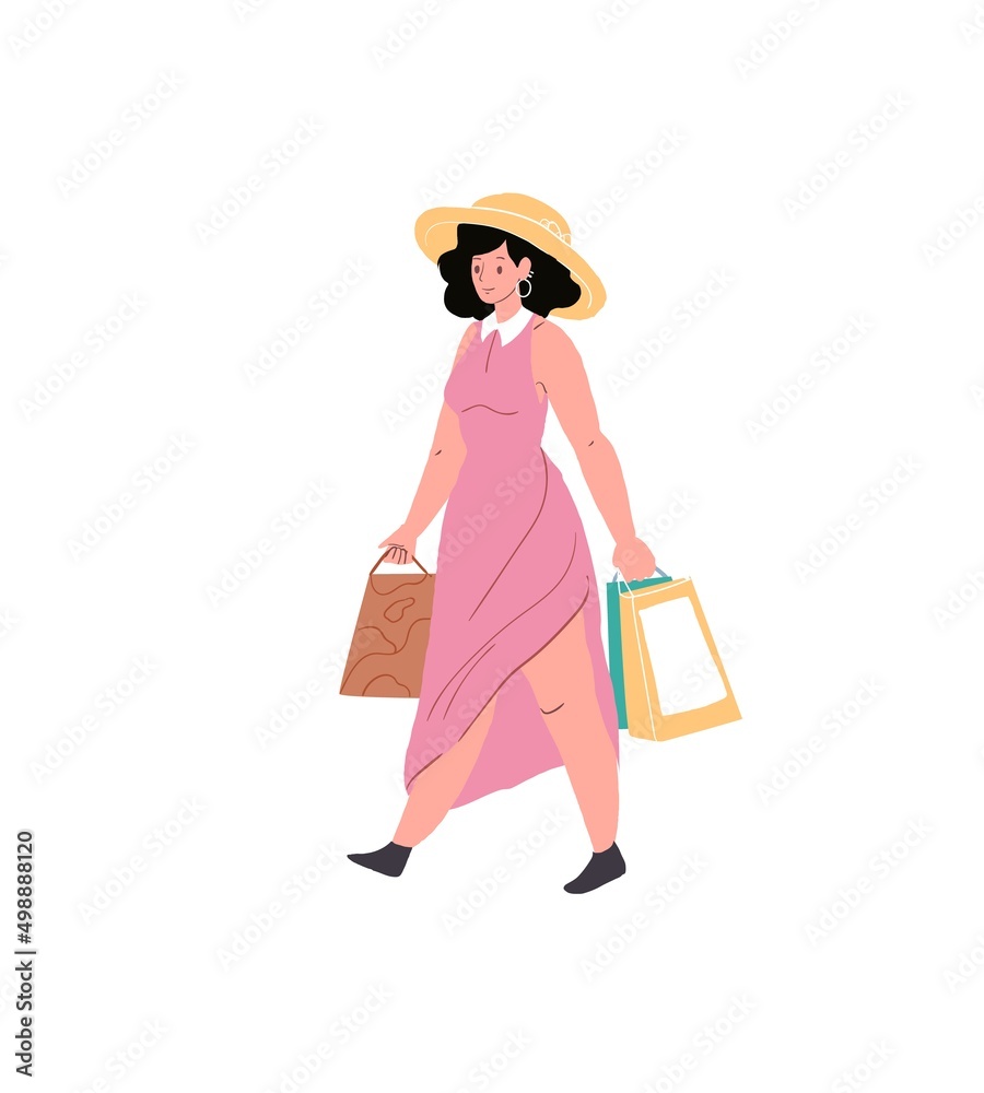 Vector cartoon flat woman character walks with bags of purchased goods on empty background-trendy collection,shopping and sales,fashion lifestyle concept,web site banner ad design