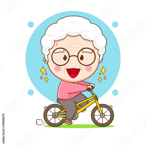 Cute grandma riding bicycle. Cartoon illustration of chibi character isolated on white background.