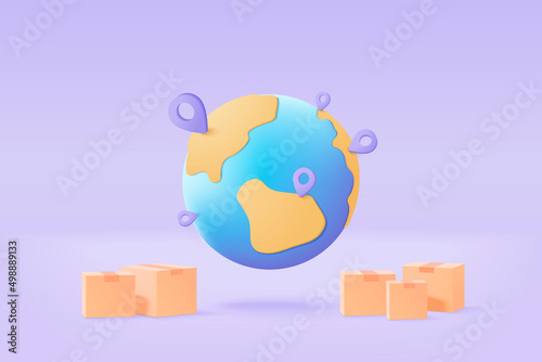 3D earth globe with pinpoints online deliver service, delivery tracking, pin location point marker of shipment concept. Product shipping out from world map. Logistic icon 3d vector render illustration