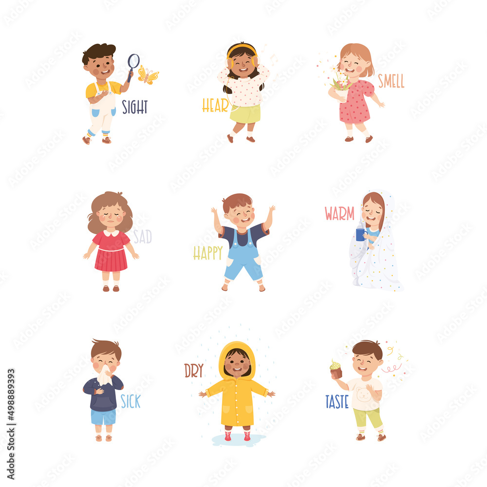Little Boy and Girl Showing Senses Smelling, Hearing and Tasting Vector Set Little Boy and Girl Showing Senses Smelling, Hearing and Tasting Vector Set