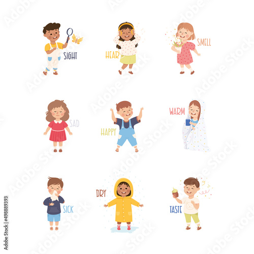 Little Boy and Girl Showing Senses Smelling  Hearing and Tasting Vector Set